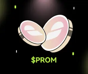 Bitunix Two stylized coins with abstract designs are shown on a dark grid background under a spotlight, with the bold green $PROM logo below. Small green and white rectangles, echoing the PROM branding, are scattered around the image.