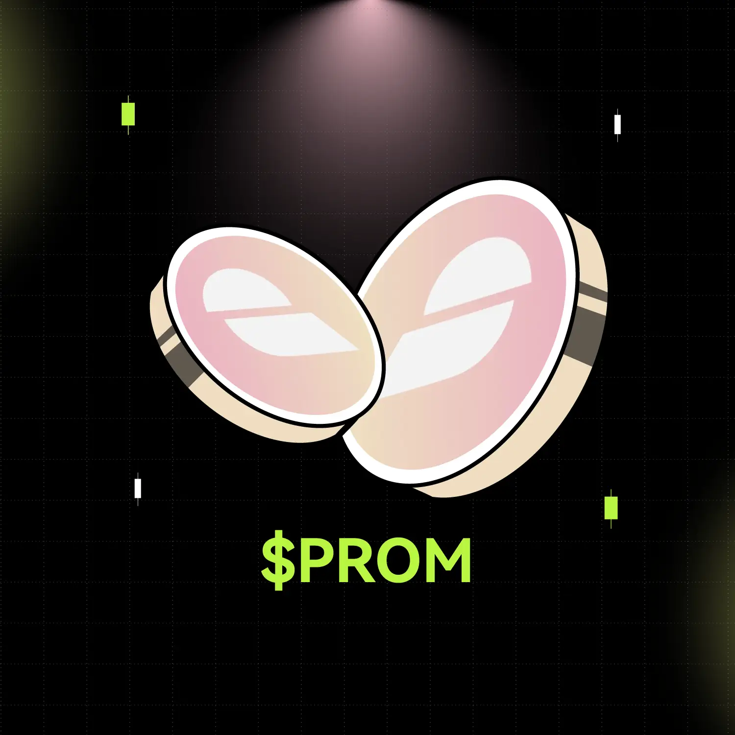 Bitunix Two stylized coins with abstract designs are shown on a dark grid background under a spotlight, with the bold green $PROM logo below. Small green and white rectangles, echoing the PROM branding, are scattered around the image.