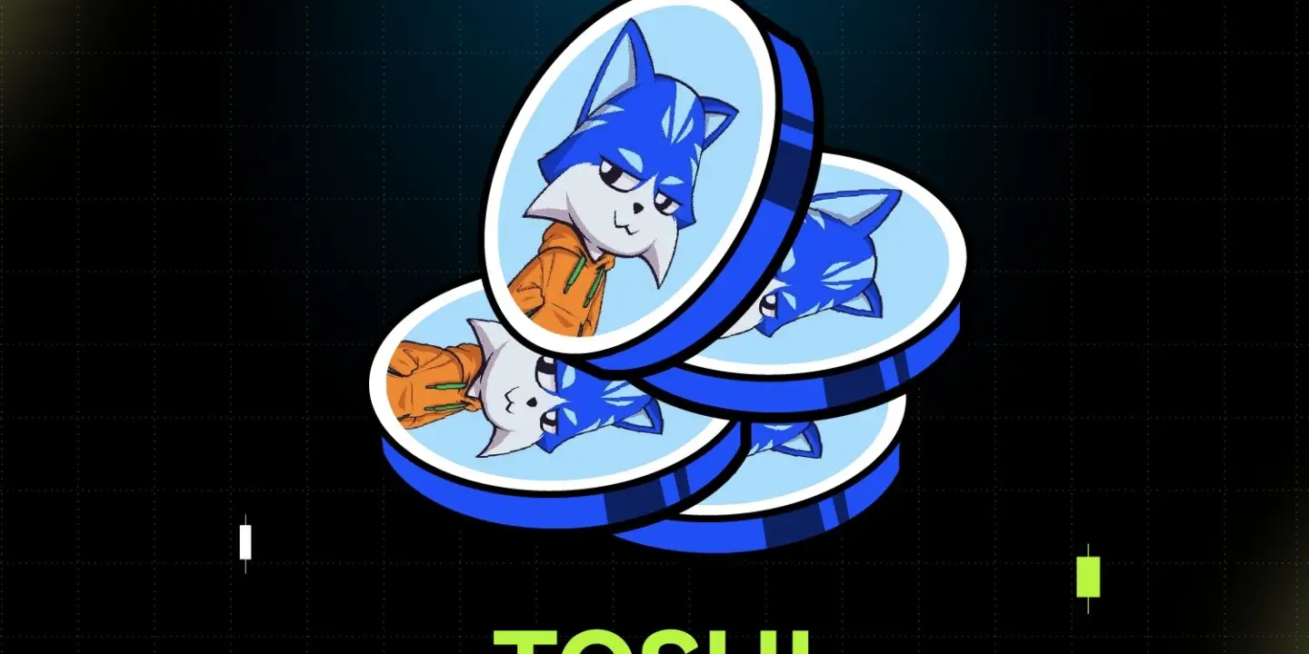 Bitunix Three illustrated coins featuring a blue fox wearing sunglasses and an orange jacket, stacked together on a dark grid background with the word $TOSHI in green below.