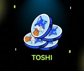 Bitunix Three illustrated coins featuring a blue fox wearing sunglasses and an orange jacket, stacked together on a dark grid background with the word $TOSHI in green below.