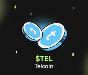 Bitunix Two blue digital coins with white arrows stand on a dark grid background. Green and white candlestick chart elements surround the coins, highlighting Telcoin’s potential. Below, the text reads $TEL Telcoin in green and white.