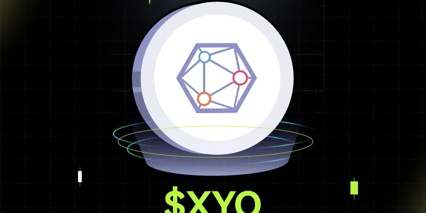 Bitunix A glowing coin with a geometric network symbol and orbiting rings, displayed under a spotlight on a dark grid background, with the text $XYO below in bright green.
