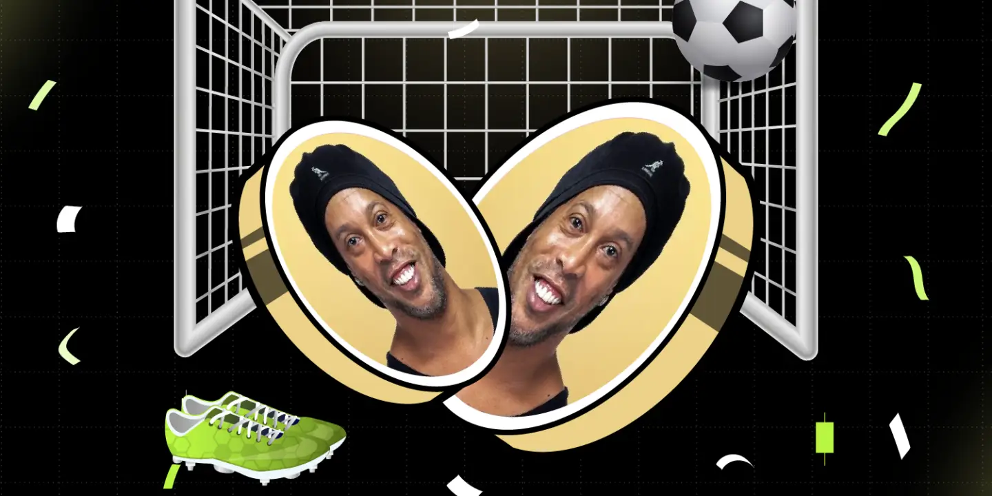 Bitunix A digital illustration of two coins with Ronaldinho’s smiling face, a soccer goal with ball, green soccer shoe, and confetti. Text at the bottom reads Ronaldinho Coin. | Bitunix Bitunix A digital illustration of two coins with Ronaldinho’s smiling face, a soccer goal with ball, green soccer shoe, and confetti. Text at the bottom reads Ronaldinho Coin.