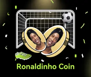 Bitunix A digital illustration of two coins with Ronaldinho’s smiling face, a soccer goal with ball, green soccer shoe, and confetti. Text at the bottom reads Ronaldinho Coin.