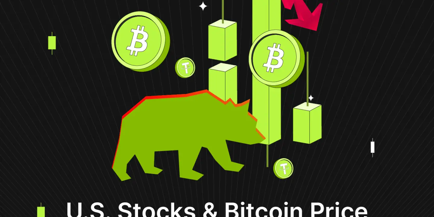 Bitunix Illustration of a red, green-outlined bear, Bitcoin symbols, falling bar charts, and a red downward arrow on a dark background, with text: “U.S. Stocks & Bitcoin Price Plummet as Market Sentiment Turns Bearish.”. | Bitunix Bitunix Illustration of a red, green-outlined bear, Bitcoin symbols, falling bar charts, and a red downward arrow on a dark background, with text: “U.S. Stocks & Bitcoin Price Plummet as Market Sentiment Turns Bearish.”.