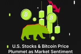 Bitunix Illustration of a red, green-outlined bear, Bitcoin symbols, falling bar charts, and a red downward arrow on a dark background, with text: “U.S. Stocks & Bitcoin Price Plummet as Market Sentiment Turns Bearish.”.