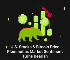 Bitunix Illustration of a red, green-outlined bear, Bitcoin symbols, falling bar charts, and a red downward arrow on a dark background, with text: “U.S. Stocks & Bitcoin Price Plummet as Market Sentiment Turns Bearish.”.