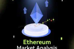 Bitunix A large Ethereum logo hovers above a circular platform with upward arrows and candlestick charts in the background. The text reads Ethereum Market Analysis on a dark grid background.