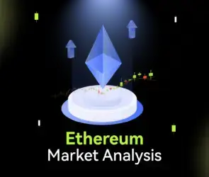 Bitunix A large Ethereum logo hovers above a circular platform with upward arrows and candlestick charts in the background. The text reads Ethereum Market Analysis on a dark grid background.