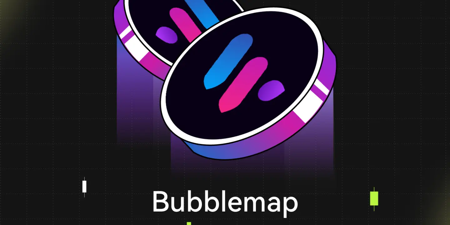 Bitunix Two colorful digital coins with stylized M logos are centered on a dark grid background. Below them, the text reads Bubblemap $BMT in white and bright green, highlighting the Bubblemap name. Small geometric shapes decorate the scene. | Bitunix Bitunix Two colorful digital coins with stylized M logos are centered on a dark grid background. Below them, the text reads Bubblemap $BMT in white and bright green, highlighting the Bubblemap name. Small geometric shapes decorate the scene.