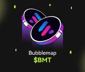 Bitunix Two colorful digital coins with stylized M logos are centered on a dark grid background. Below them, the text reads Bubblemap $BMT in white and bright green, highlighting the Bubblemap name. Small geometric shapes decorate the scene.