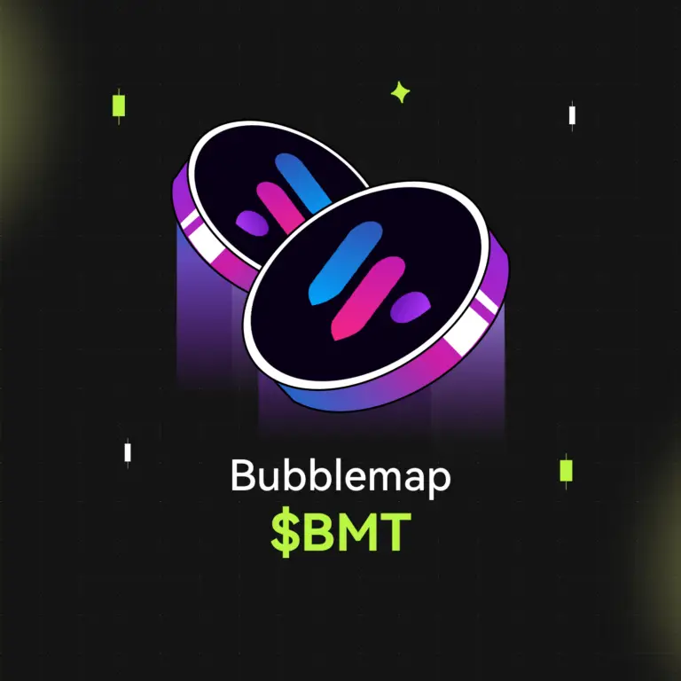 Bitunix Two colorful digital coins with stylized M logos are centered on a dark grid background. Below them, the text reads Bubblemap $BMT in white and bright green, highlighting the Bubblemap name. Small geometric shapes decorate the scene.