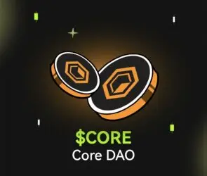 Bitunix Two stylized CORE coins with orange and black designs float above the words $CORE Core DAO on a dark grid background, accented by green and white candlestick chart icons.