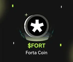 Bitunix A digital graphic featuring a black FORTA coin with a white star-like symbol in the center, glowing lines, and the text $FORT Forta Coin below, set against a dark background with green and white bar elements.