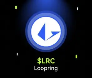 Bitunix A circular blue and white LRC logo for Loopring ($LRC) is centered on a dark grid background, with $LRC Loopring written below in green and white text; the logo is illuminated by a spotlight.