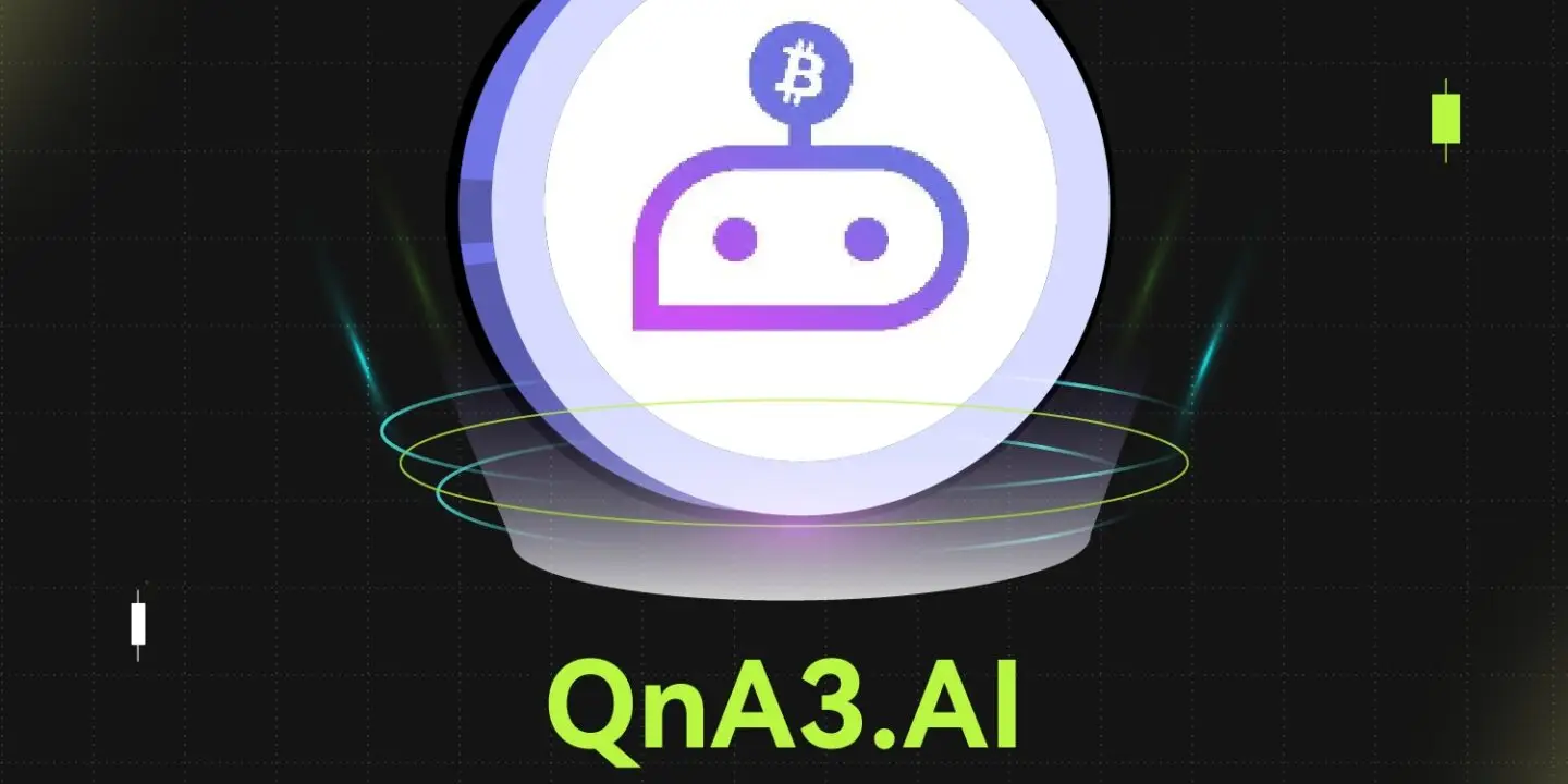 Bitunix A stylized robot icon with a Bitcoin symbol above its head is centered in a glowing circle. Below it, the text reads QnA3.AI GPT on a dark grid background with neon accents and floating shapes.