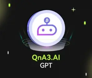 Bitunix A stylized robot icon with a Bitcoin symbol above its head is centered in a glowing circle. Below it, the text reads QnA3.AI GPT on a dark grid background with neon accents and floating shapes.