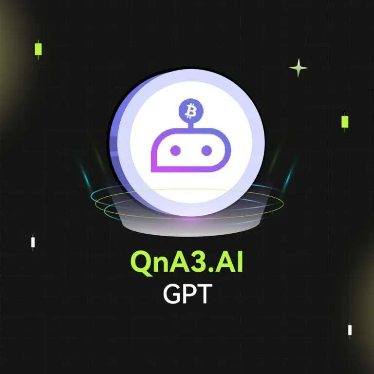 Bitunix A stylized robot icon with a Bitcoin symbol above its head is centered in a glowing circle. Below it, the text reads QnA3.AI GPT on a dark grid background with neon accents and floating shapes.