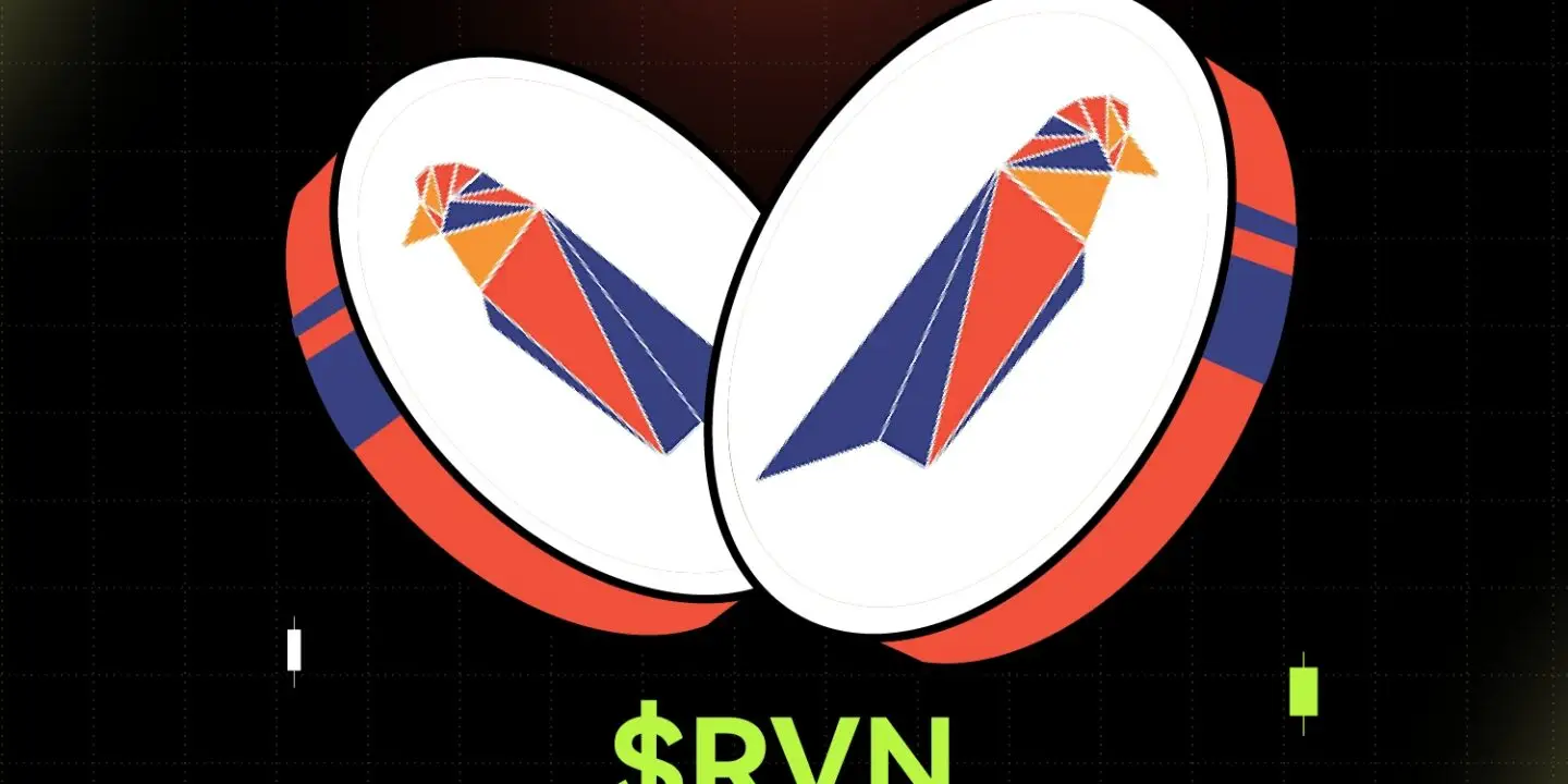 Bitunix Two digital coins featuring a geometric raven logo are displayed on a dark grid background, with the text $RVN Ravencoin below them in bright green and white.