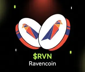 Bitunix Two digital coins featuring a geometric raven logo are displayed on a dark grid background, with the text $RVN Ravencoin below them in bright green and white.