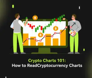 Bitunix Two people stand by a large monitor displaying crypto charts with Bitcoin candlestick patterns. The text reads: Crypto Charts 101: How to Read Cryptocurrency Charts.