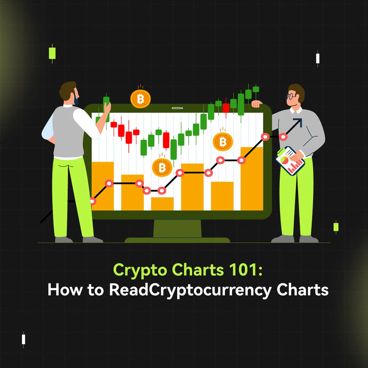 Bitunix Two people stand by a large monitor displaying crypto charts with Bitcoin candlestick patterns. The text reads: Crypto Charts 101: How to Read Cryptocurrency Charts.