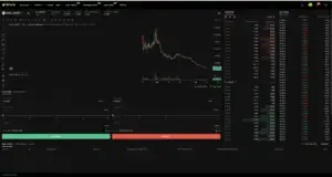 Bitunix A myshell cryptocurrency trading platform interface shows a declining price chart for SHELL/USDT, with order book, trade history, and buy/sell order panels visible on a sleek dark-themed screen.