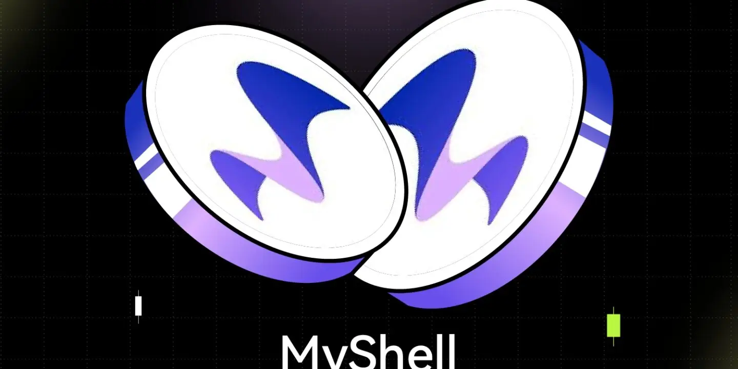 Bitunix Two digital clam shells with abstract blue M shapes are spotlighted on a dark grid background. Below, the text reads myshell $SHELL in white and bright green letters, highlighting the unique branding of myshell.