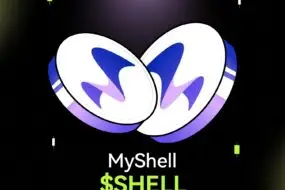Bitunix Two digital clam shells with abstract blue M shapes are spotlighted on a dark grid background. Below, the text reads myshell $SHELL in white and bright green letters, highlighting the unique branding of myshell.