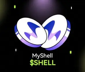 Bitunix Two digital clam shells with abstract blue M shapes are spotlighted on a dark grid background. Below, the text reads myshell $SHELL in white and bright green letters, highlighting the unique branding of myshell.