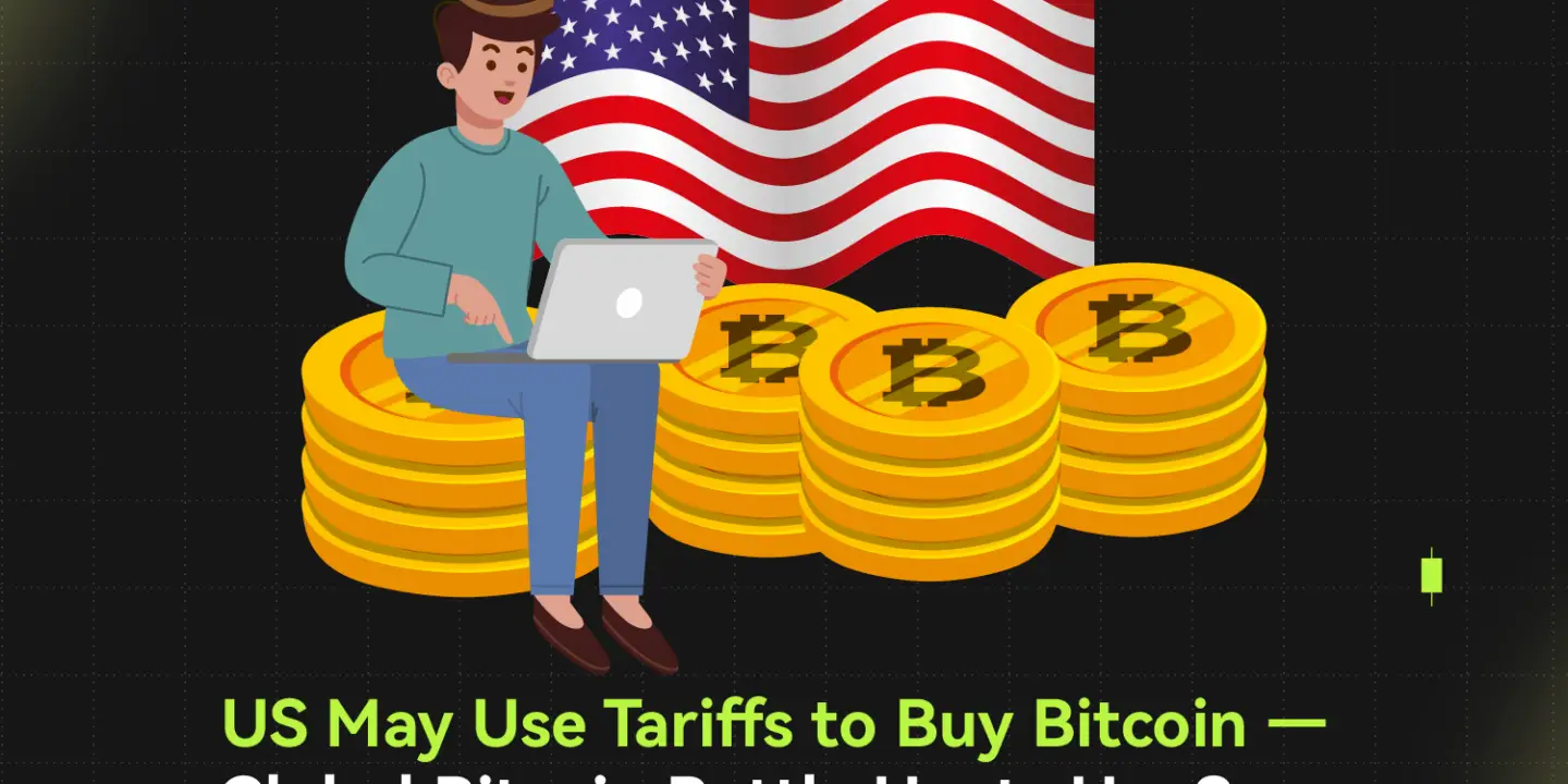 Bitunix Illustration of a person using a laptop, sitting on stacked Bitcoin coins, with a US flag in the background. Text below reads: US May Use Tariffs to Buy Bitcoin—Global Bitcoin Battle Heats Up, Says Bitunix Analyst.