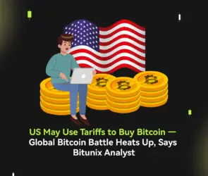 Bitunix Illustration of a person using a laptop, sitting on stacked Bitcoin coins, with a US flag in the background. Text below reads: US May Use Tariffs to Buy Bitcoin—Global Bitcoin Battle Heats Up, Says Bitunix Analyst.