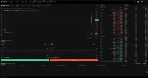 Bitunix A cryptocurrency trading interface showing a candlestick price chart, order book, recent trades, and buy/sell options for the pair RAY/USDT on Bitfinex PARTI exchange, all set within a sleek dark-themed layout.