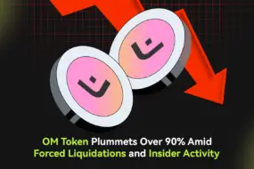 Bitunix Two OM tokens with a downward red arrow behind them, illustrating a sharp decline. Text below reads, OM Token Plummets Over 90% Amid Forced Liquidations and Insider Activity.