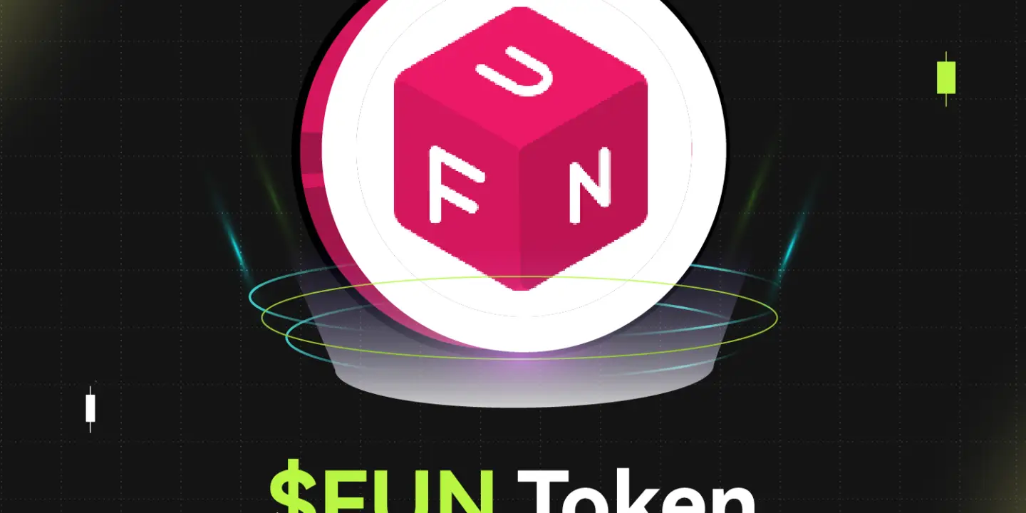 Bitunix A pink cube with white letters F, U, and N sits in the center of a glowing white circle. Below it, text reads FUN Token on a dark, grid-patterned background with neon FUN accents and striking light effects.