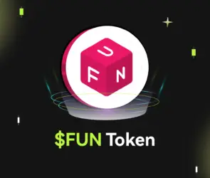 Bitunix A pink cube with white letters F, U, and N sits in the center of a glowing white circle. Below it, text reads FUN Token on a dark, grid-patterned background with neon FUN accents and striking light effects.