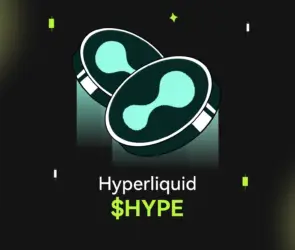 Bitunix Two stylized coins with a turquoise hourglass design are centered on a dark grid background. Below them, white text reads Hyperliquid and neon green text showcases the $HYPE token. Small green and white shapes surround the coins.
