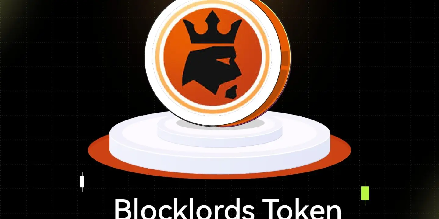Bitunix A digital coin with a black crown and lion logo stands on a round pedestal. The text below reads Blocklords Token LRDS on a dark grid background, with green and white vertical bars.