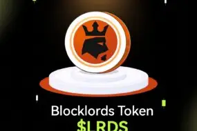 Bitunix A digital coin with a black crown and lion logo stands on a round pedestal. The text below reads Blocklords Token LRDS on a dark grid background, with green and white vertical bars.
