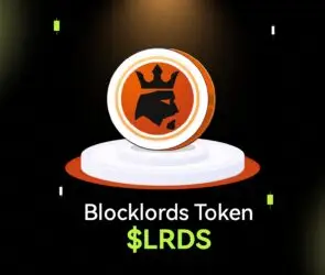 Bitunix A digital coin with a black crown and lion logo stands on a round pedestal. The text below reads Blocklords Token LRDS on a dark grid background, with green and white vertical bars.