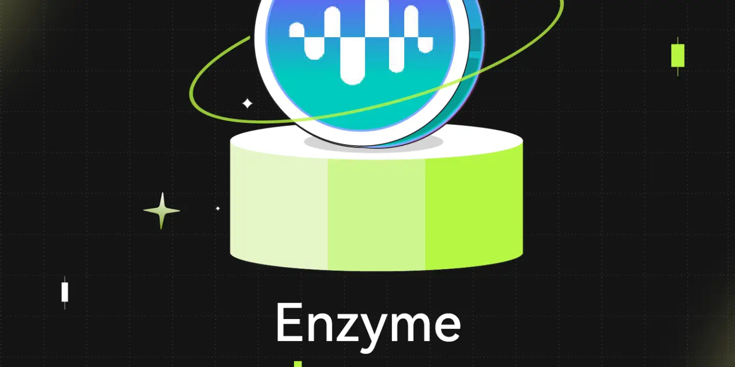 Bitunix A digital coin featuring the Enzyme logo and two orbiting rings hovers above a green pedestal. The MLN token name appears below, set against a dark grid background with scattered glowing elements. | Bitunix Bitunix A digital coin featuring the Enzyme logo and two orbiting rings hovers above a green pedestal. The MLN token name appears below, set against a dark grid background with scattered glowing elements.