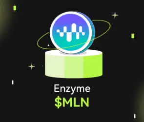 Bitunix A digital coin featuring the Enzyme logo and two orbiting rings hovers above a green pedestal. The MLN token name appears below, set against a dark grid background with scattered glowing elements.