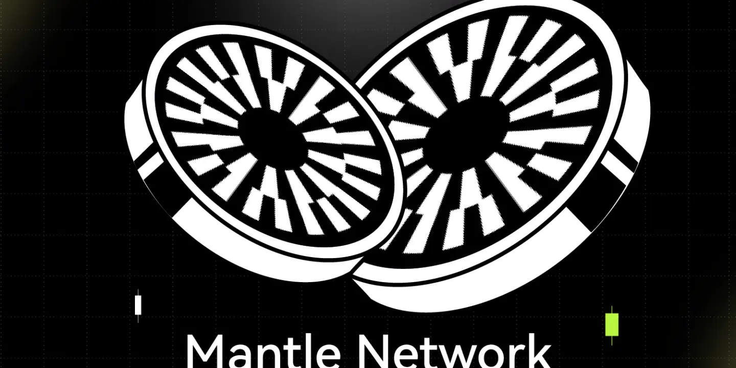 Bitunix Two stylized black and white coins overlap on a dark grid background, representing Mantle. Below, the text reads Mantle Network $MNT with $MNT highlighted in green. Green rectangles are scattered around the image.