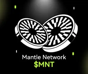 Bitunix Two stylized black and white coins overlap on a dark grid background, representing Mantle. Below, the text reads Mantle Network $MNT with $MNT highlighted in green. Green rectangles are scattered around the image.