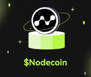 Bitunix A digital coin featuring a white node network icon sits on a green pedestal with $Nodecoin written below, set against a dark grid background highlighted by floating green and white shapes, emphasizing the Nodecoin brand.