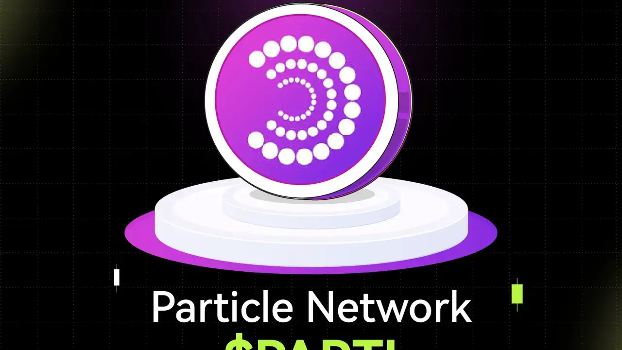 Bitunix A purple coin with a circular dotted pattern stands on a white podium. Below, text reads “PARTI” for Particle Network on a dark, grid-patterned background with green and white accents.