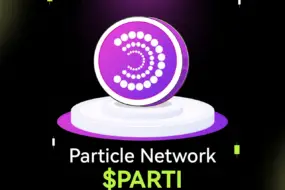 Bitunix A purple coin with a circular dotted pattern stands on a white podium. Below, text reads “PARTI” for Particle Network on a dark, grid-patterned background with green and white accents.