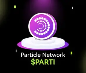 Bitunix A purple coin with a circular dotted pattern stands on a white podium. Below, text reads “PARTI” for Particle Network on a dark, grid-patterned background with green and white accents.