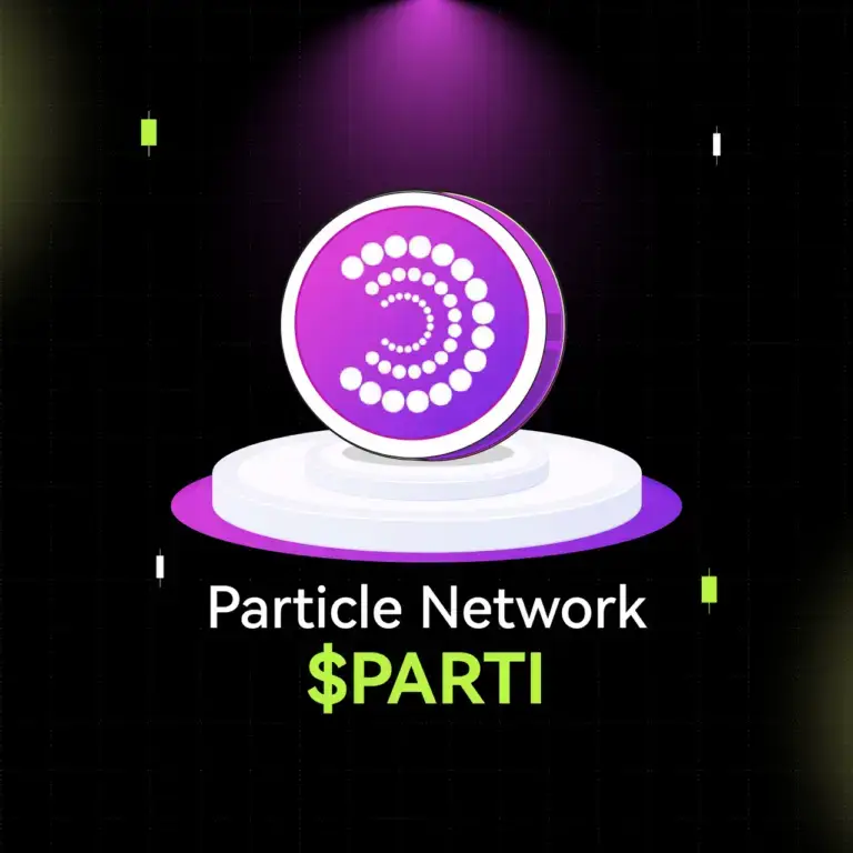 Bitunix A purple coin with a circular dotted pattern stands on a white podium. Below, text reads “PARTI” for Particle Network on a dark, grid-patterned background with green and white accents.
