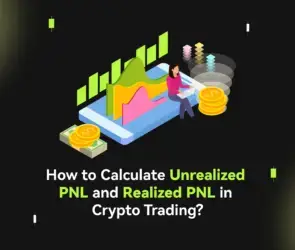 Bitunix An illustration of a person analyzing colorful pnl charts on a large mobile device, stacks of coins nearby, with the text: How to Calculate Unrealized PNL and Realized PNL in Crypto Trading?.